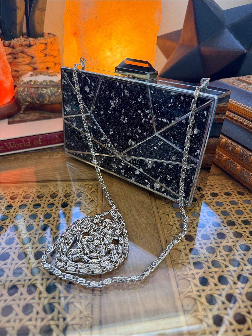 Black Silver Geometric Evening Clutch - Designer Style